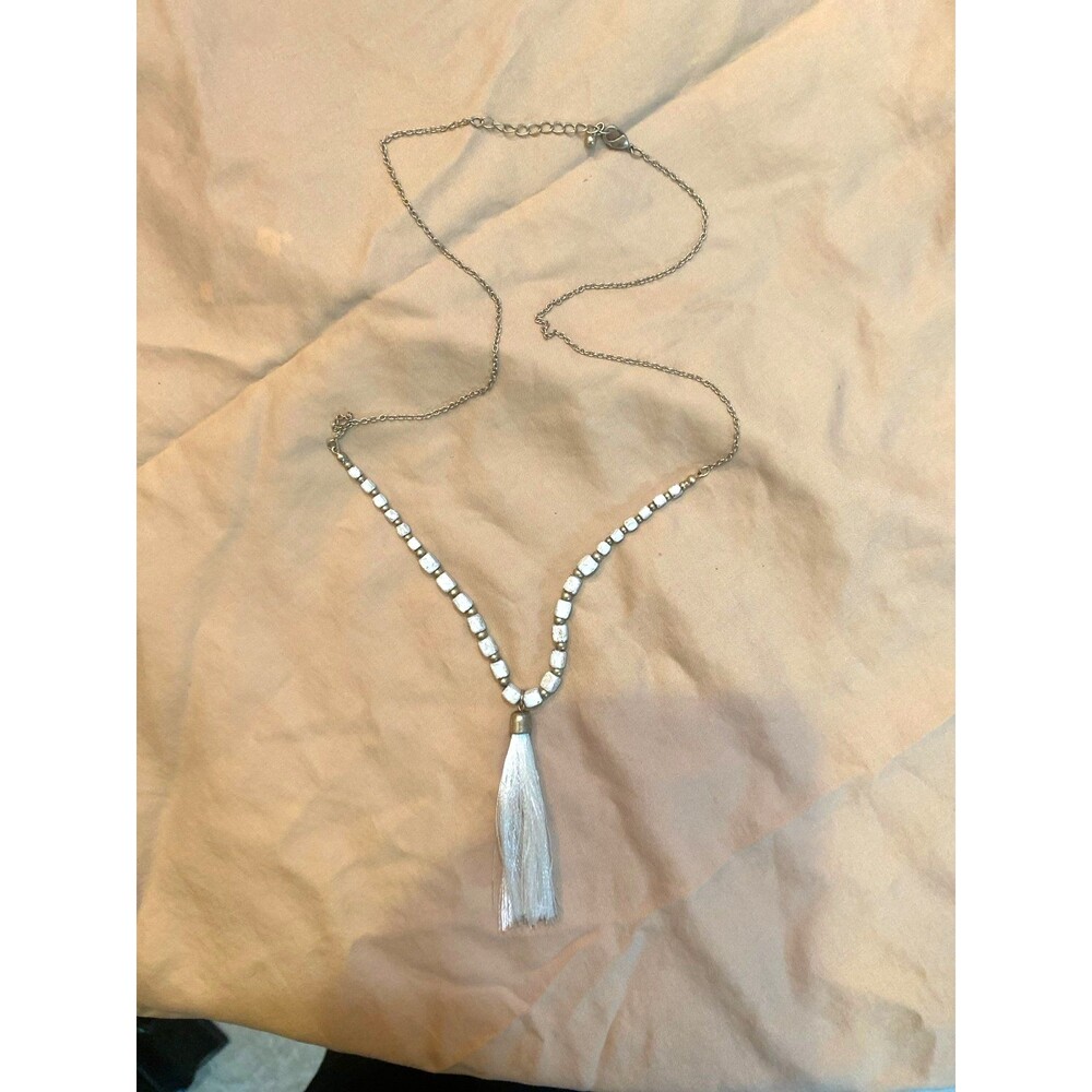 Jessica Simpson Silver Tone Square Bead White Tassel Boho Statement Necklace
